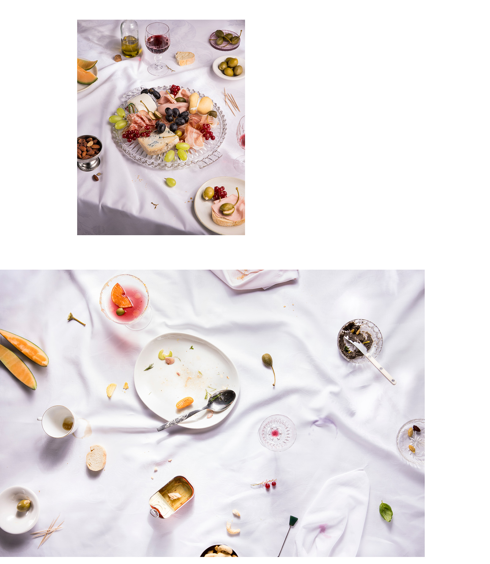 gedeckter Tisch mit einem Gericht und ein Foto einer leer gegessenen Tafel mit weißer Tischdecke